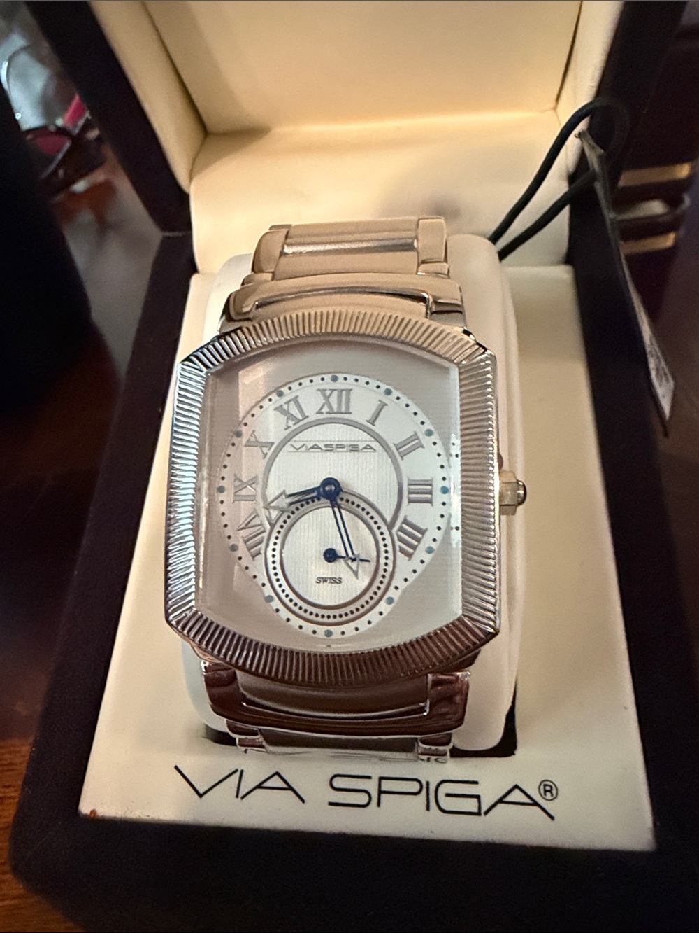 Via Spiga Silver and White Rectangular Roman Numeral Watch